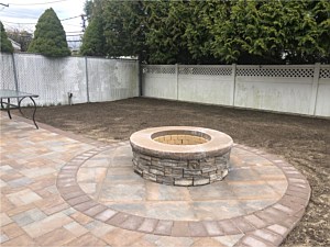 custom round cultured stone fire pit area patio corner cambridge toffee onyx sahara chestnut